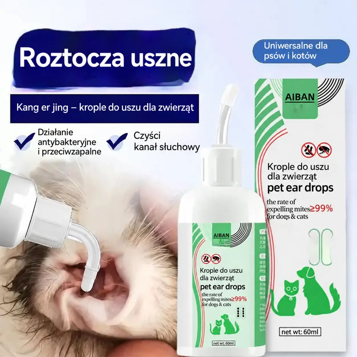 【Hit sprzedaży】🐶🐱 Płyn do czyszczenia uszu zwierząt | Łagodzi swędzenie uszu 👂 Odpowiedni dla psów i kotów