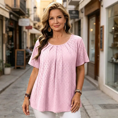 【L-6XL】Bluză Elegantă de Damă cu Broderie Sparte și Pliuri la Decolteu, Tricou Lejer cu Mânecă Scurtă, Cămașă Texturată în Stil Francez
