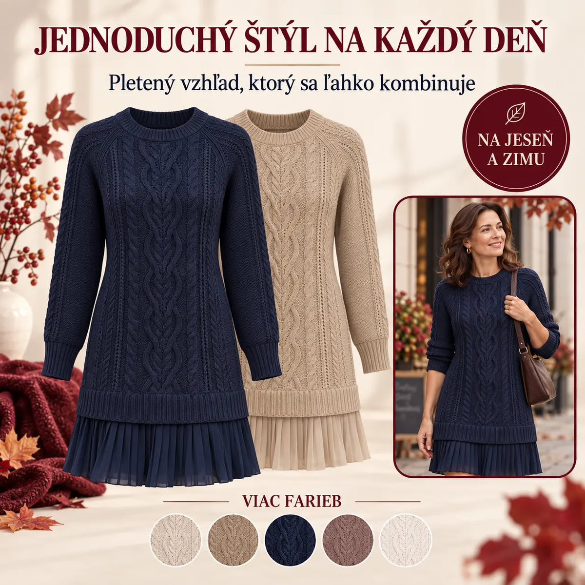 🧶 Elegantné pletené šaty s plisovaným lemom — pohodlný štýl na chladnejšie dni, dostupné vo veľkostiach S–3XL.