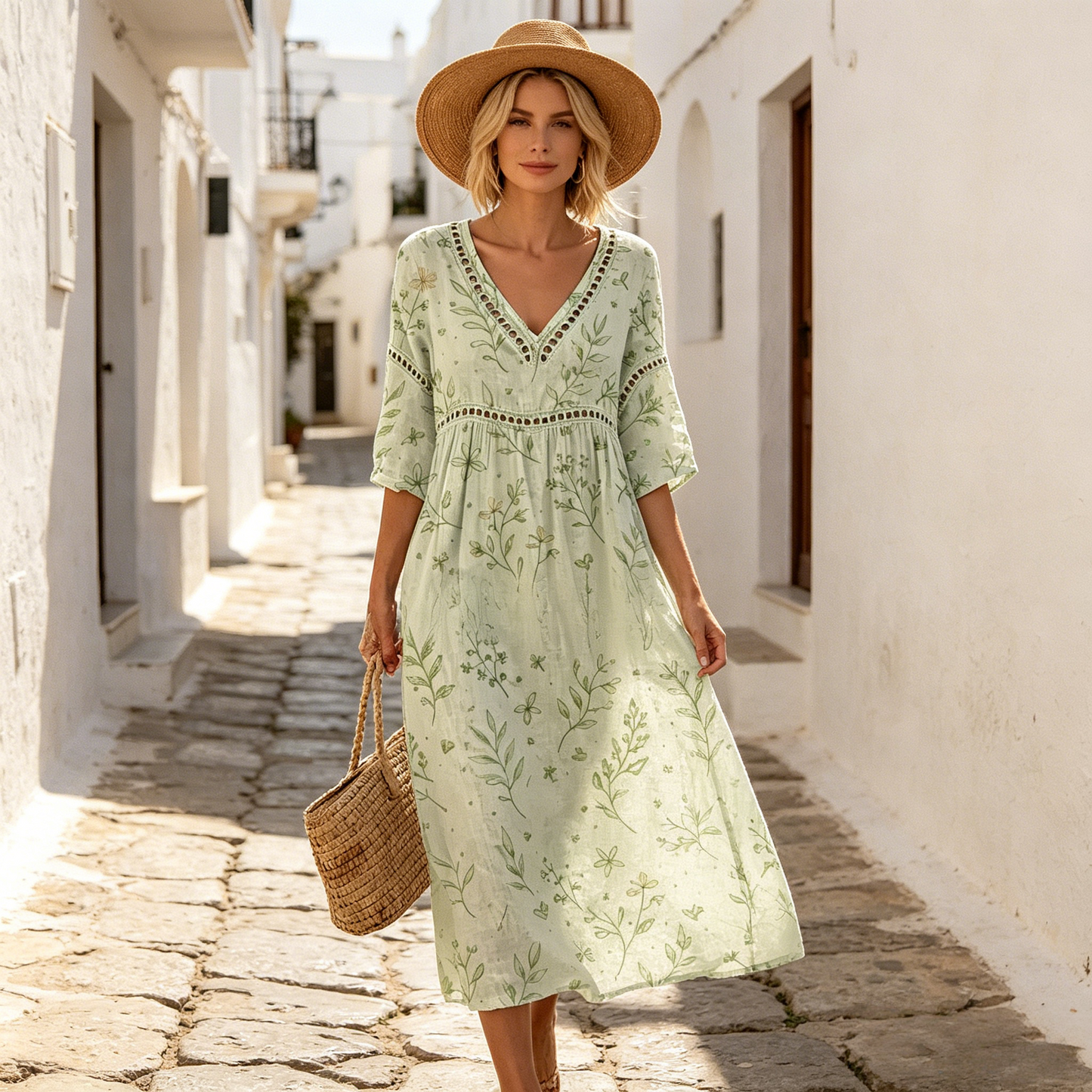 👗【S-3XL】Letnia sukienka z bawełny i lnu w kwiaty, długa, z dekoltem w serek