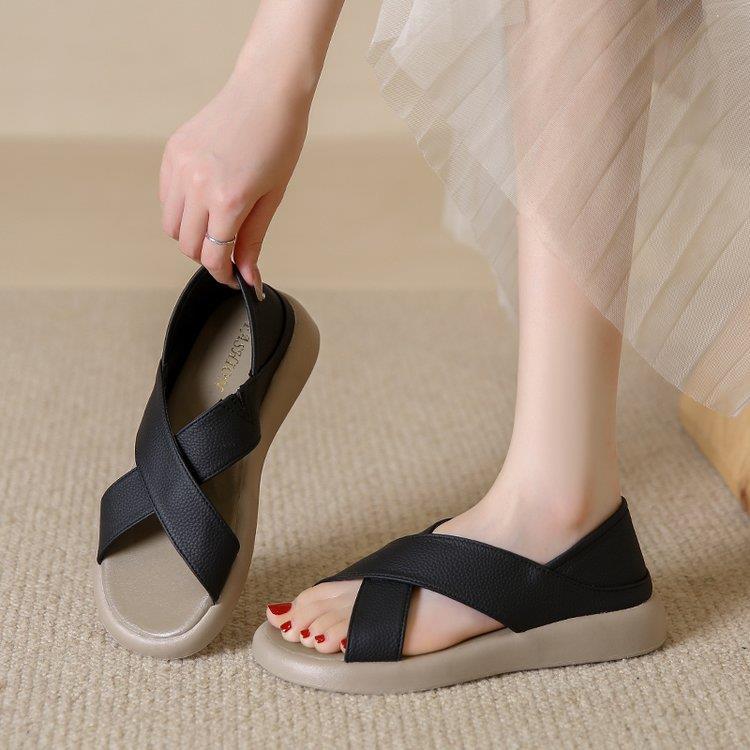 💕【35-42】Sandalias de verano 2025 informales, cómodas y suaves de piel auténtica para mujer, zapatos planos de playa