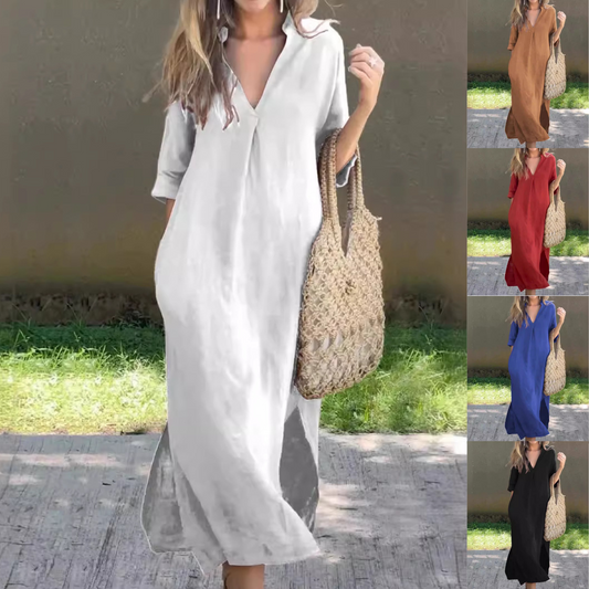 🌷【S–3XL】💎【Vruća rasprodaja】Ljeto 2025. modna ženska haljina od pamuka i lana, popularno prodavana, plisirana haljina s V-izrezom i 3/4 rukavima, elegantna i temperamentna