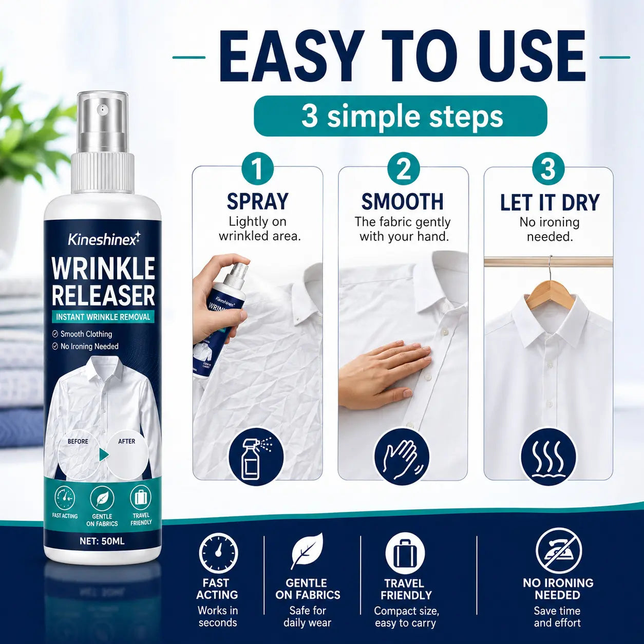 3 butelki za 109 zł👔✨ Spray do usuwania zagnieceń z ubrań – natychmiastowe wygładzenie bez żelazka, idealny w podróży, bez elektryzowania się i zapewniający świeżość ubrań.