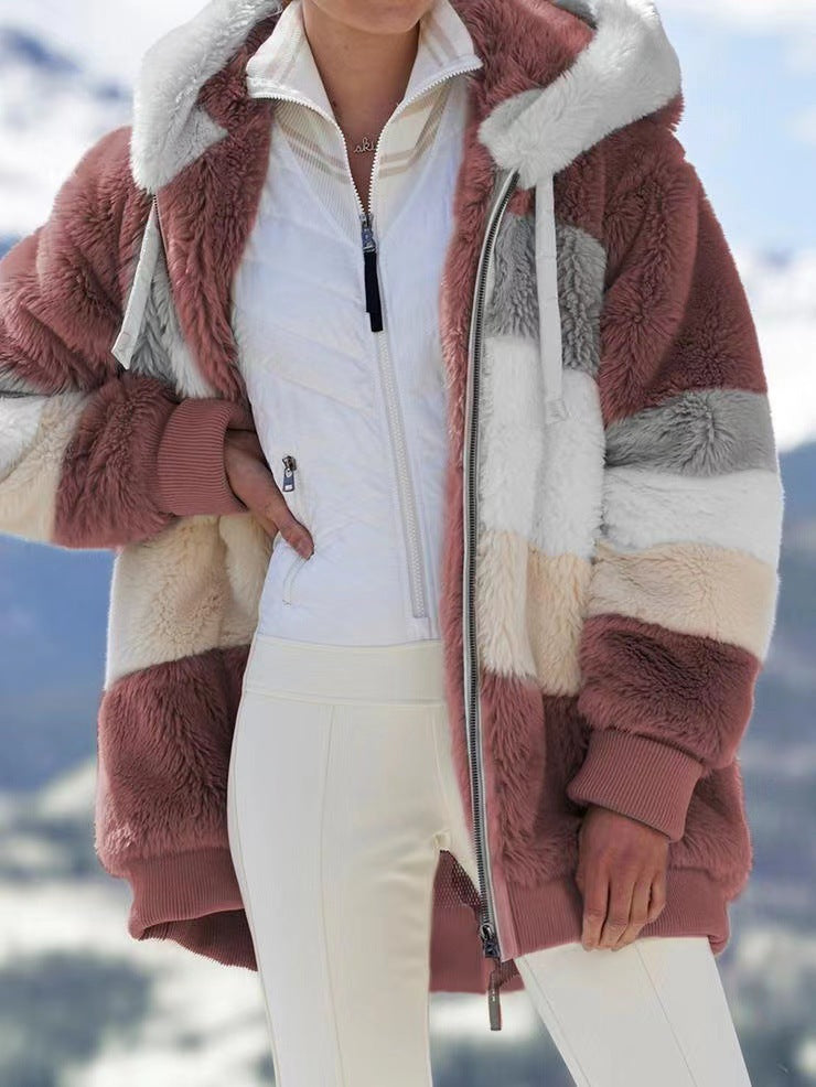 ☃️Nuevos productos de otoño e invierno❄️【S-5XL】 Chaqueta de mujer 2025 con franjas de peluche grueso en contraste.Moda y cálidos