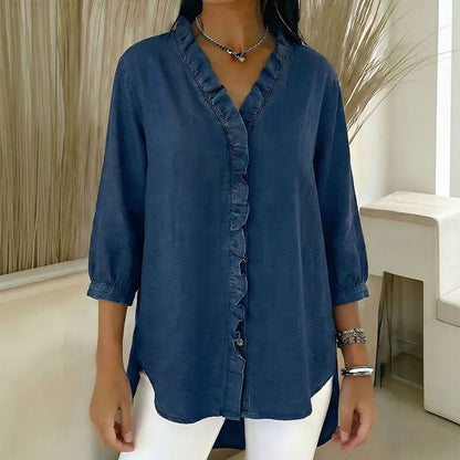 Ženska ležerna traper košulja s V-izrezom i volanima