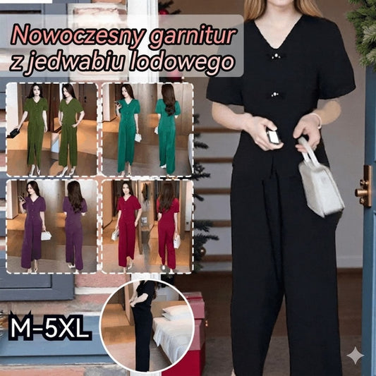 【M-5XL】【Koszulka + Szerokie spodnie】Modny komplet z jedwabiu lodowego