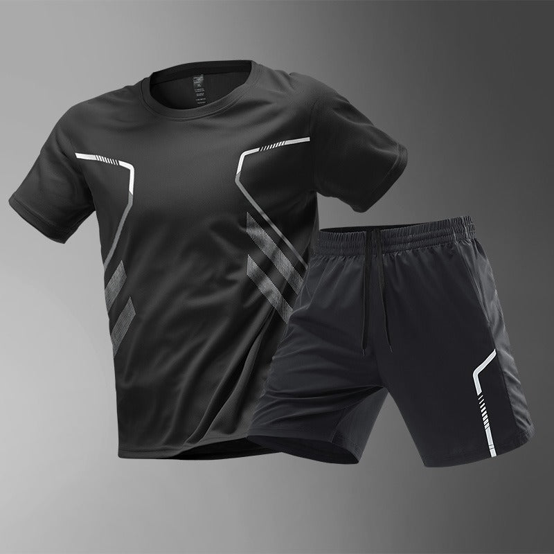 [M-5XL] Dwuczęściowy męski kombinezon sportowy wykonany z szybkoschnącego materiału ice silk – wygodna koszulka z krótkim rękawem i spodenki