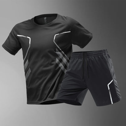 [M-5XL] Dwuczęściowy męski kombinezon sportowy wykonany z szybkoschnącego materiału ice silk – wygodna koszulka z krótkim rękawem i spodenki