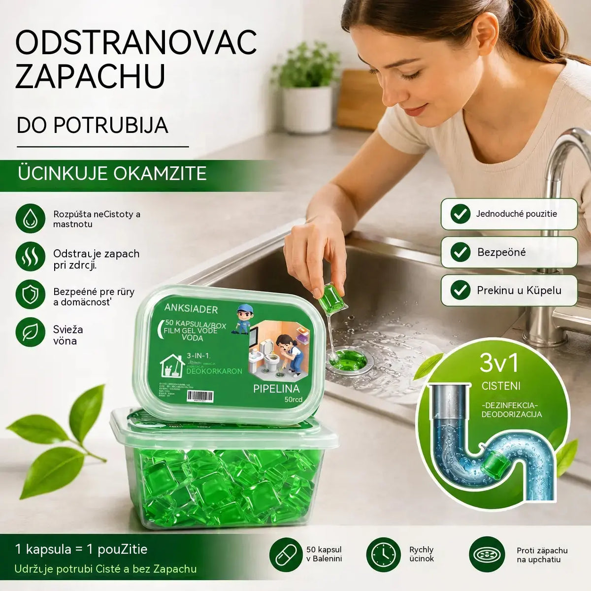 2 pakiranja (100 tableta) za 25 eura.. Kapsule topljive u vodi za uklanjanje mirisa iz odvoda – savršeno rješenje za sprječavanje širenja neugodnih mirisa u kupaonicama i kuhinjama.