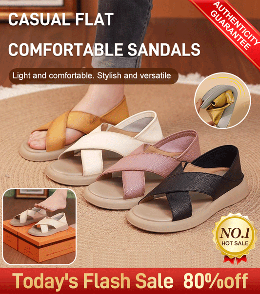 💕【35-42】Sandalias de verano 2025 informales, cómodas y suaves de piel auténtica para mujer, zapatos planos de playa