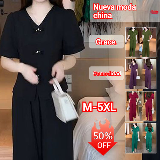 【Top + Pantalones anchos】💛 Nuevo conjunto de dos piezas de pantalones de manga corta y piernas anchas de moda de estilo extranjero en verano 2025