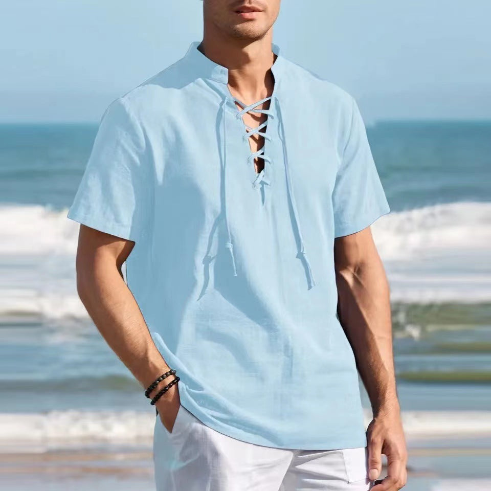 👔 50% zniżki 🔥 Męska koszula henley z bawełny i lnu (40-100 kg), duży rozmiar, dekolt w serek ze sprzączką ✅️ Płatność przy odbiorze