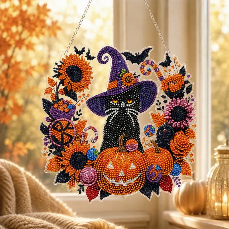 Dekoracja okienna na Halloween DIY, malowanie diamentowe, 4 radosne wzory, rozmiar 25×25 cm
