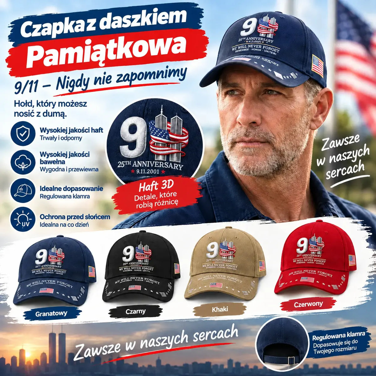 Czapka z daszkiem upamiętniająca 25. rocznicę zamachów z 11 września: „Nigdy nie zapomnimy” – patriotyczna czapka okolicznościowa unisex 🧢