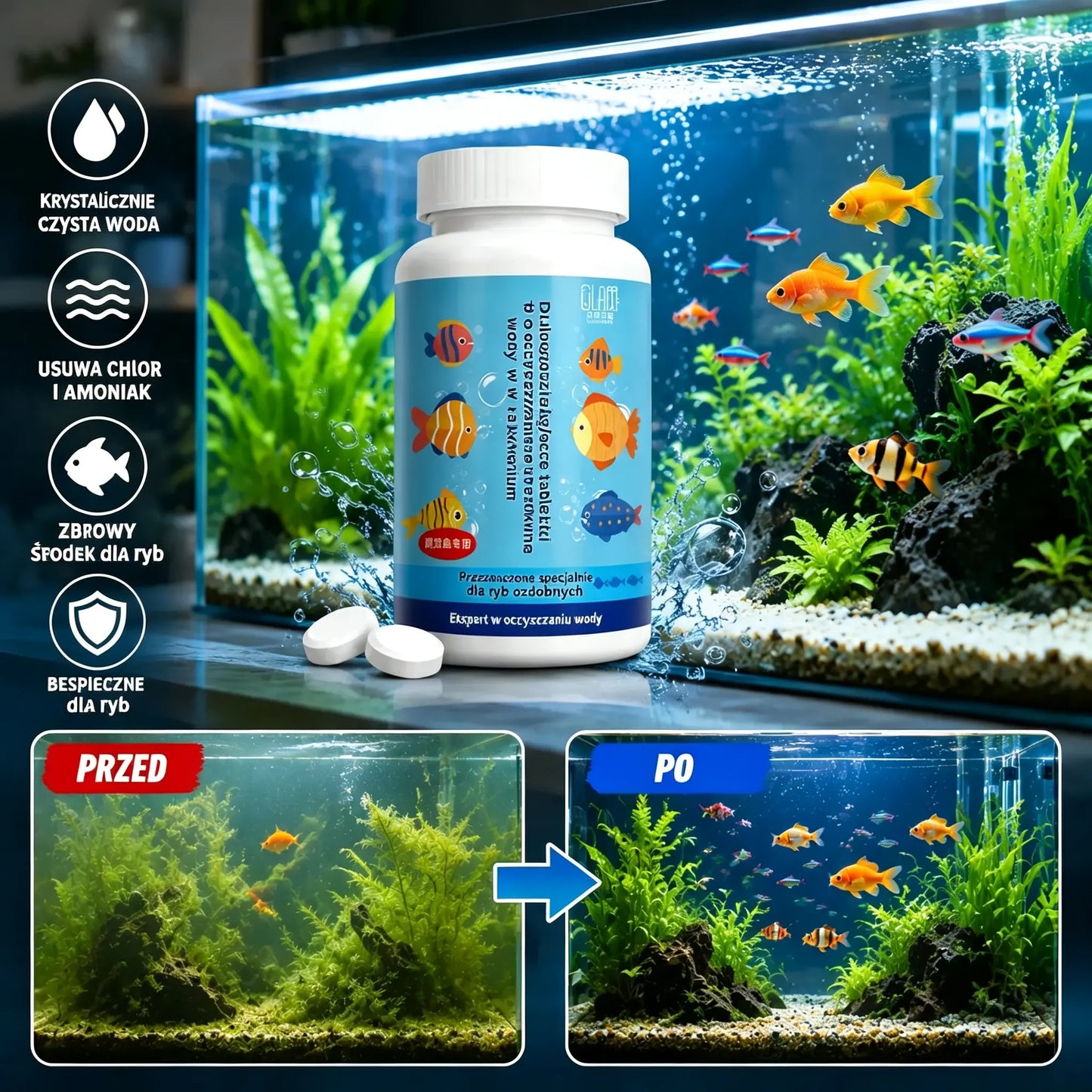 🔥Kup 1, a 1 dostaniesz gratis (2 butelki - 400 sztuk)🐠🌿 Tabletki do oczyszczania wody akwariowej + tabletki natleniające