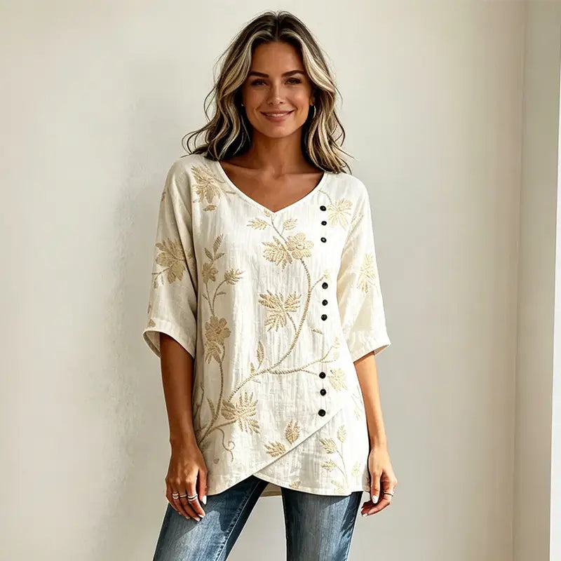 👘[S-3XL] ✨Koszula w stylu vintage z mieszanki lnu i bawełny, haft kwiatowy, dekolt w serek, asymetryczne guziki, przewiewna i miękka tkanina.✨