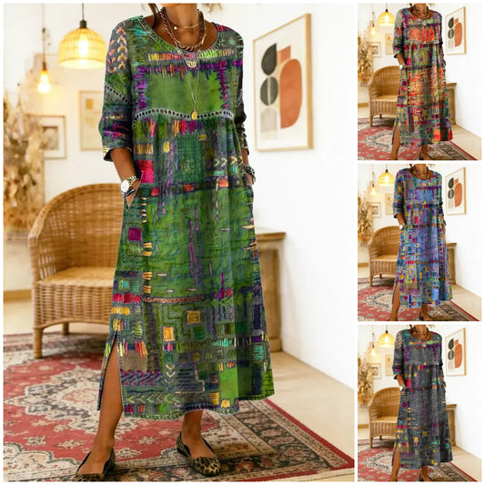 💟【50% DE DESCUENTO】Vestido de algodón con estampado étnico y patchwork para mujer con ribete de encaje