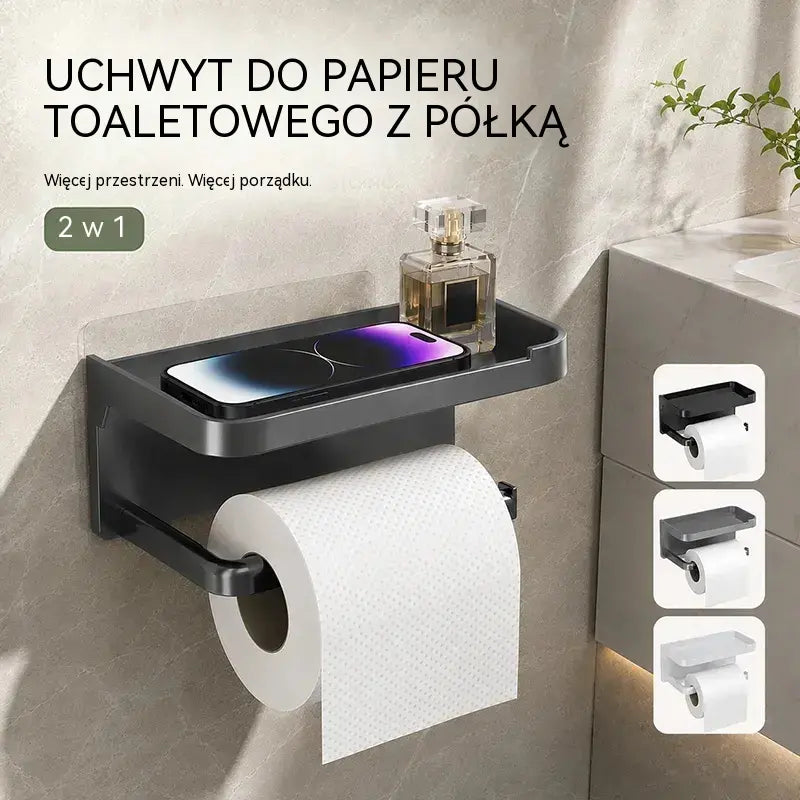 Uchwyt ścienny na papier toaletowy z akcesoriami, solidna podstawa, nowoczesna półka łazienkowa, łatwy w montażu, można w nim trzymać telefony komórkowe i inne przedmioty.