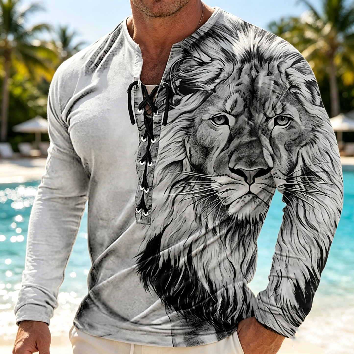 Męski, swobodny T-shirt z długim rękawem i nadrukiem 3D