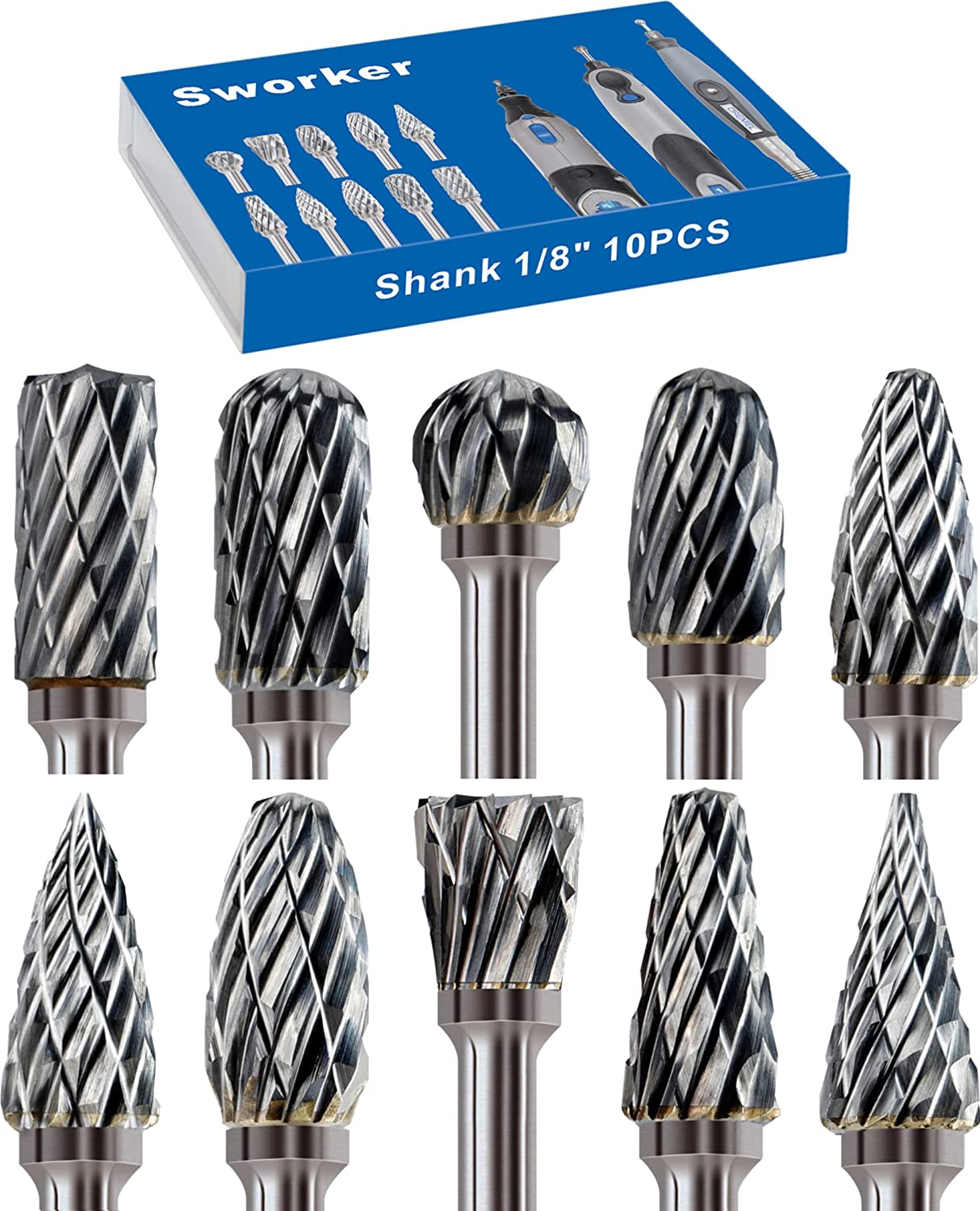 Set glodala od tvrdog metala 1/4" drška 10-dijelni brusni brusni nastavci za metal, drvo, zavarivanje, beton, kamen, brušenje, pomicanje, uklanjanje krakova, graviranje, poliranje, dvostruko rezanje