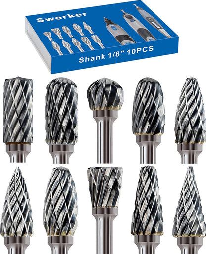 Set glodala od tvrdog metala 1/4" drška 10-dijelni brusni brusni nastavci za metal, drvo, zavarivanje, beton, kamen, brušenje, pomicanje, uklanjanje krakova, graviranje, poliranje, dvostruko rezanje