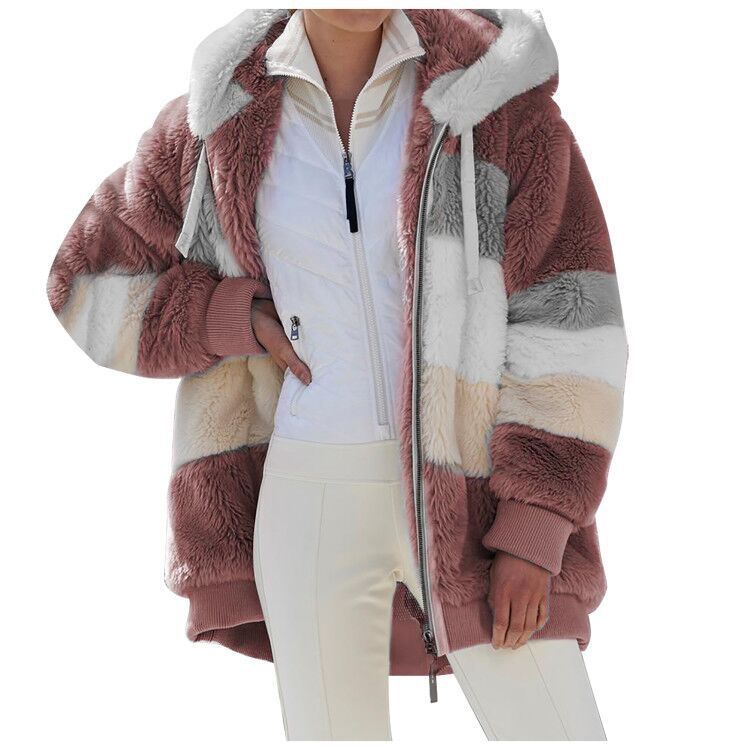 ☃️Nuevos productos de otoño e invierno❄️【S-5XL】 Chaqueta de mujer 2025 con franjas de peluche grueso en contraste.Moda y cálidos