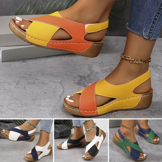 💜💛🧡【36-43】Sandalias de cuña para mujer europeas y americanas, cómodas sandalias playeras con velcro y tira al tobillo.