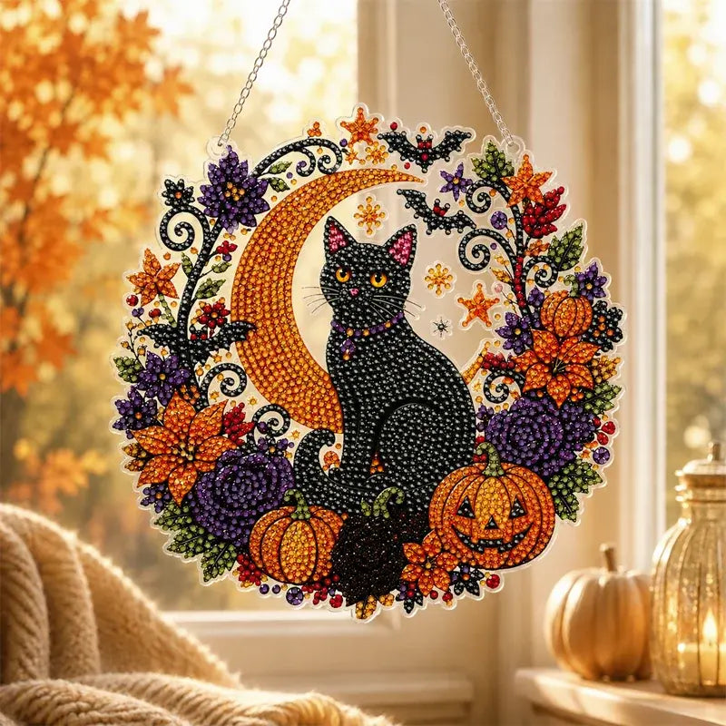 Dekoracja okienna na Halloween DIY, malowanie diamentowe, 4 radosne wzory, rozmiar 25×25 cm