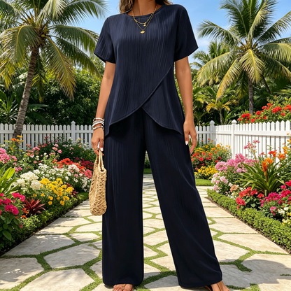 👗 Дамски комплект S–3XL – свободна кройка, къс ръкав, обло деколте, асиметричен дизайн (блуза + панталон)