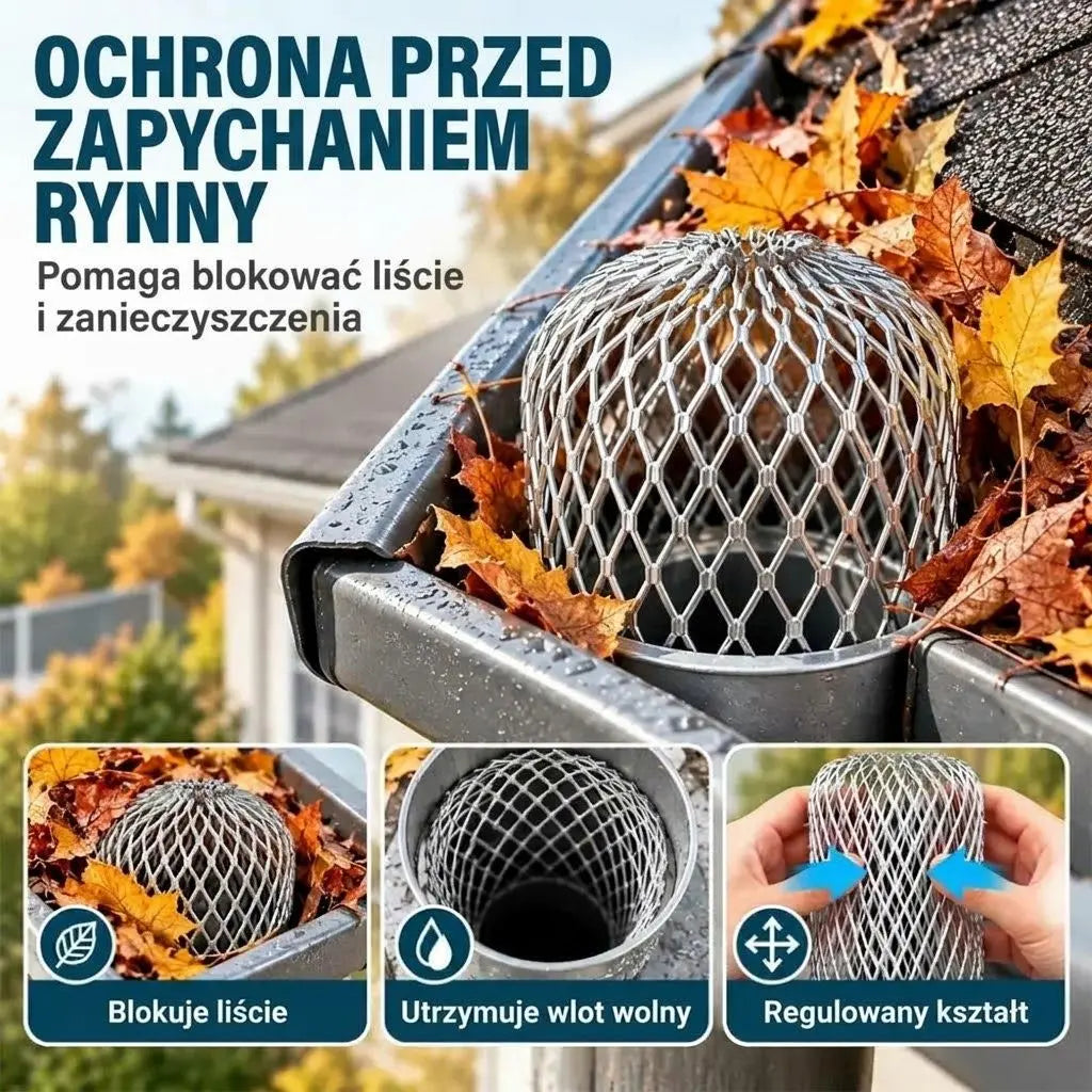 🍂 Zestaw 10 elementów: Siatka chroniąca rynny i rury spustowe przed zatykaniem · Stop aluminium · Regulowany kształt · Łatwy montaż – bez użycia narzędzi!