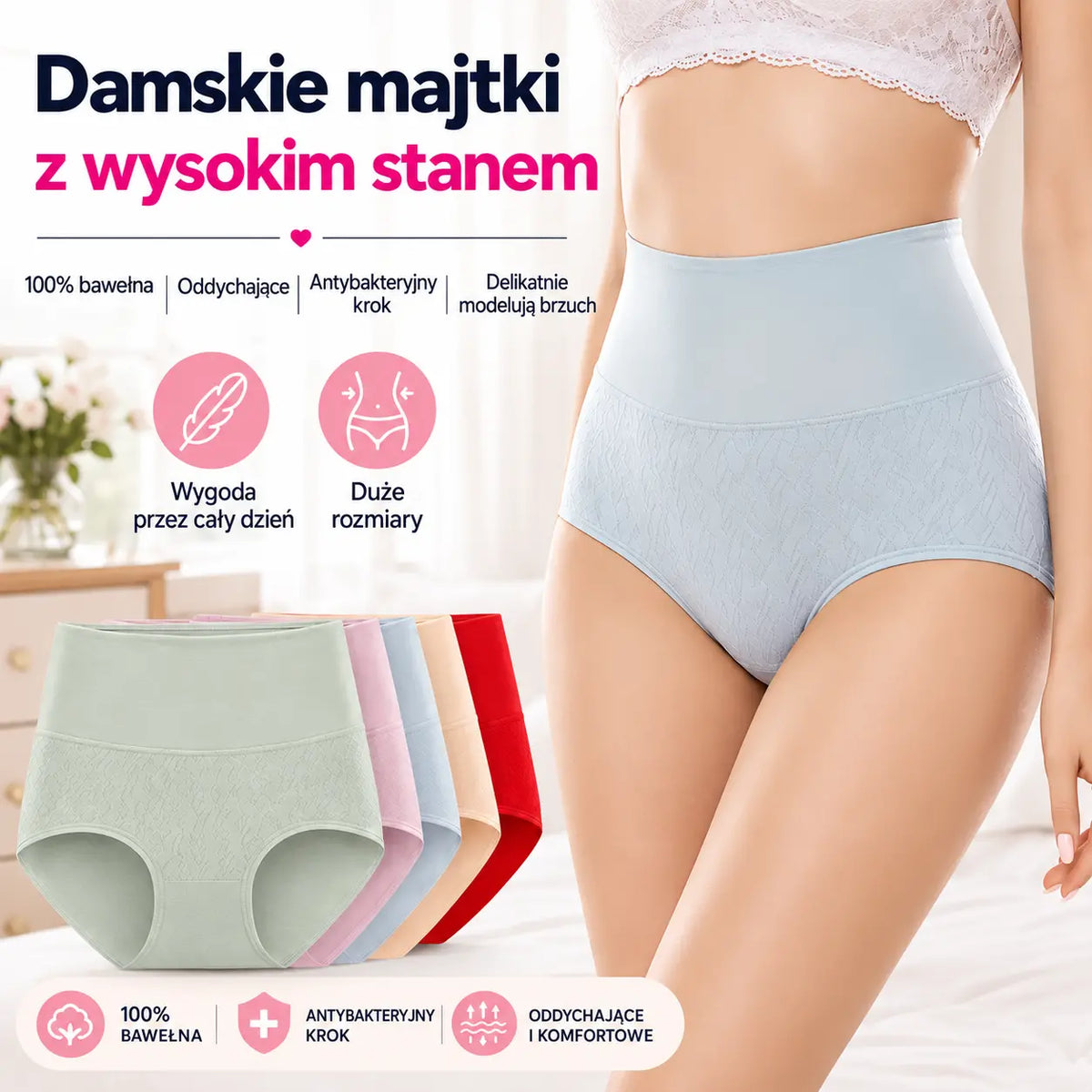 💖【Zestaw 6 sztuk】Bawełniane majtki premium z wysokim stanem i efektem push-up ✨️ (Pasują na wagę 40–100 kg) 🔥