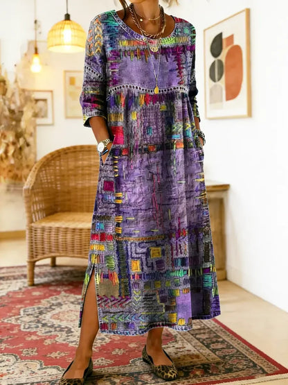 💟【50% DE DESCUENTO】Vestido de algodón con estampado étnico y patchwork para mujer con ribete de encaje