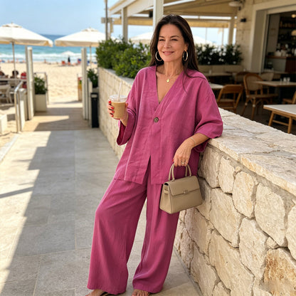 🌟Novedad de verano 2026: Elegante traje casual de mujer con cuello en V y corte holgado【Top + Pantalones de pierna ancha】