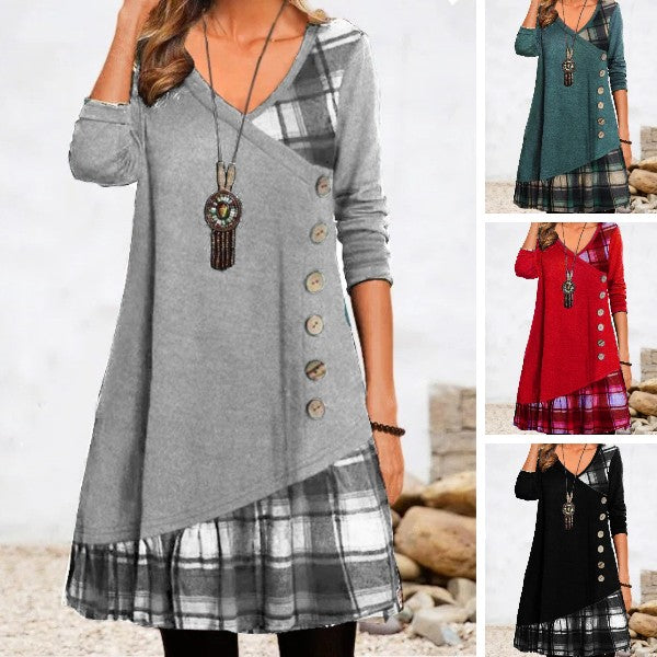 👗🔥Damska sukienka casualowa z długimi rękawami i kontrastowymi detalami. Guziki w formie patchworku są klasyczne i eleganckie.【S-3XL】