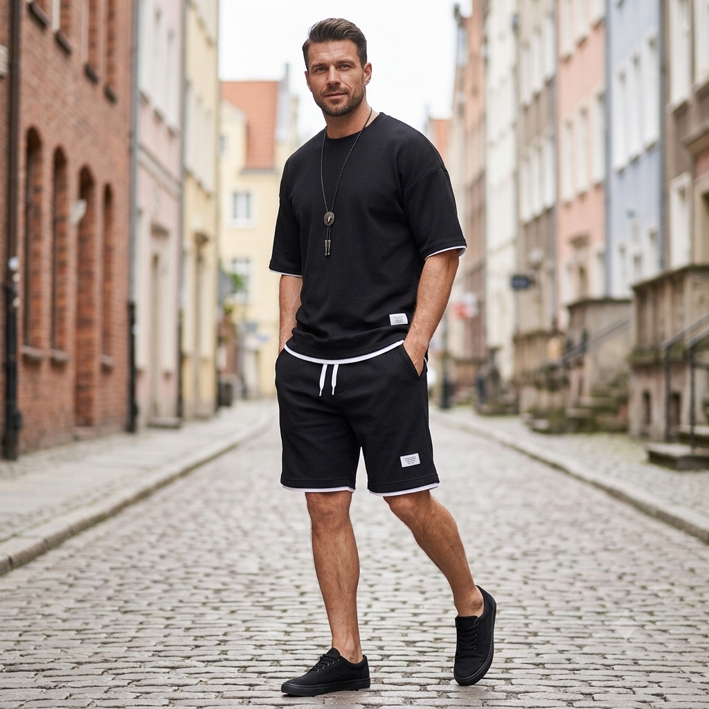 🔥😎【Nowość!✨】【Koszulka + spodenki】Męski, oddychający zestaw sportowy, stylowy i swobodny, idealny na lato.