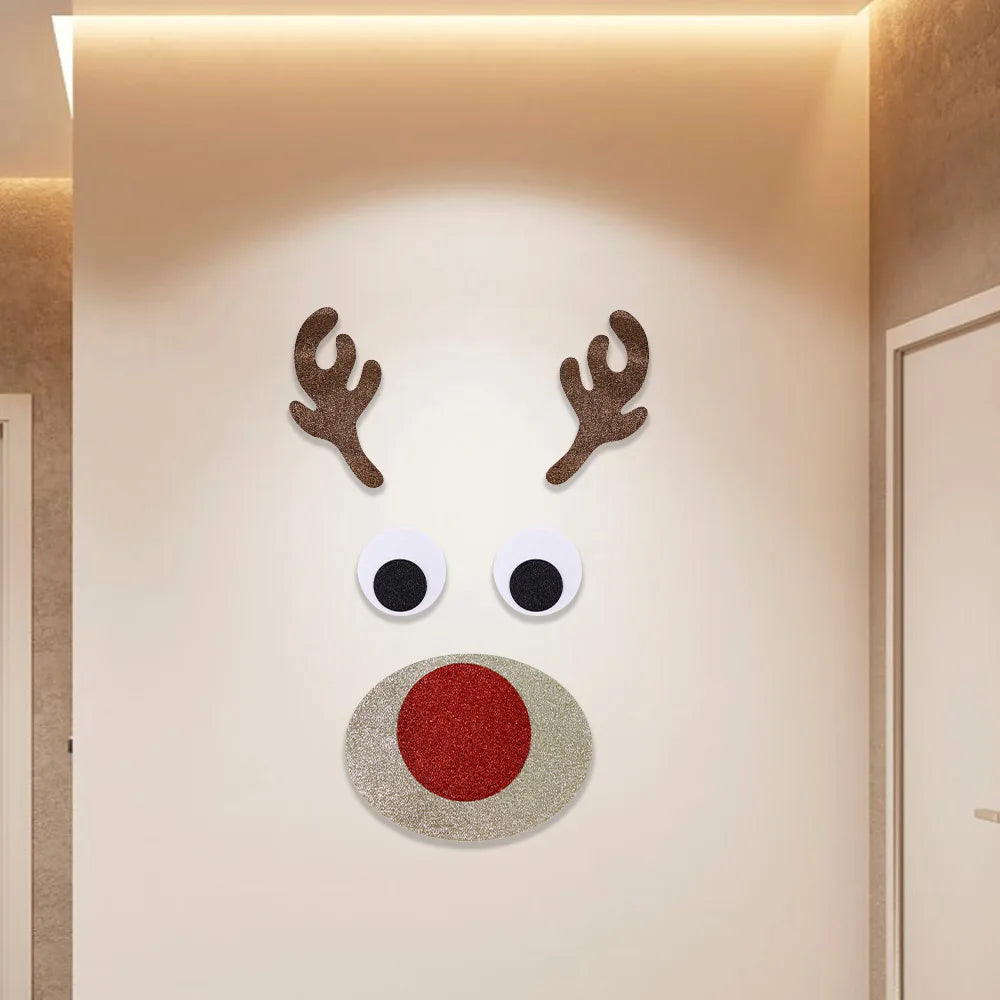 Christmas felt decorations for doors and windows, cartoon snowmen, Santa Claus, and reindeer.
