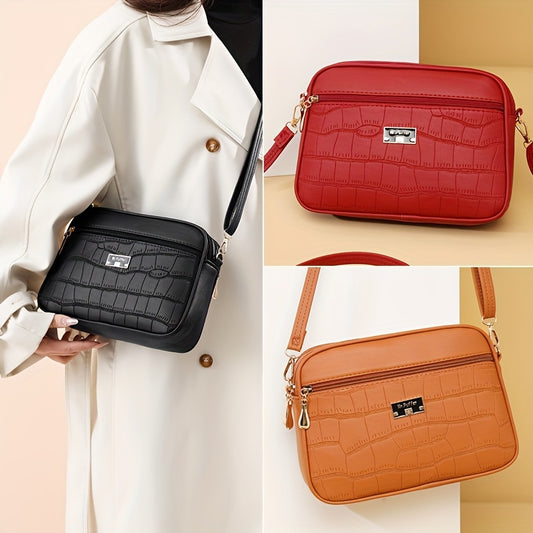 Модерна дамска чанта през рамо с щампа от крокодил --- голям капацитет, семпъл стил, с регулируема презрамка
