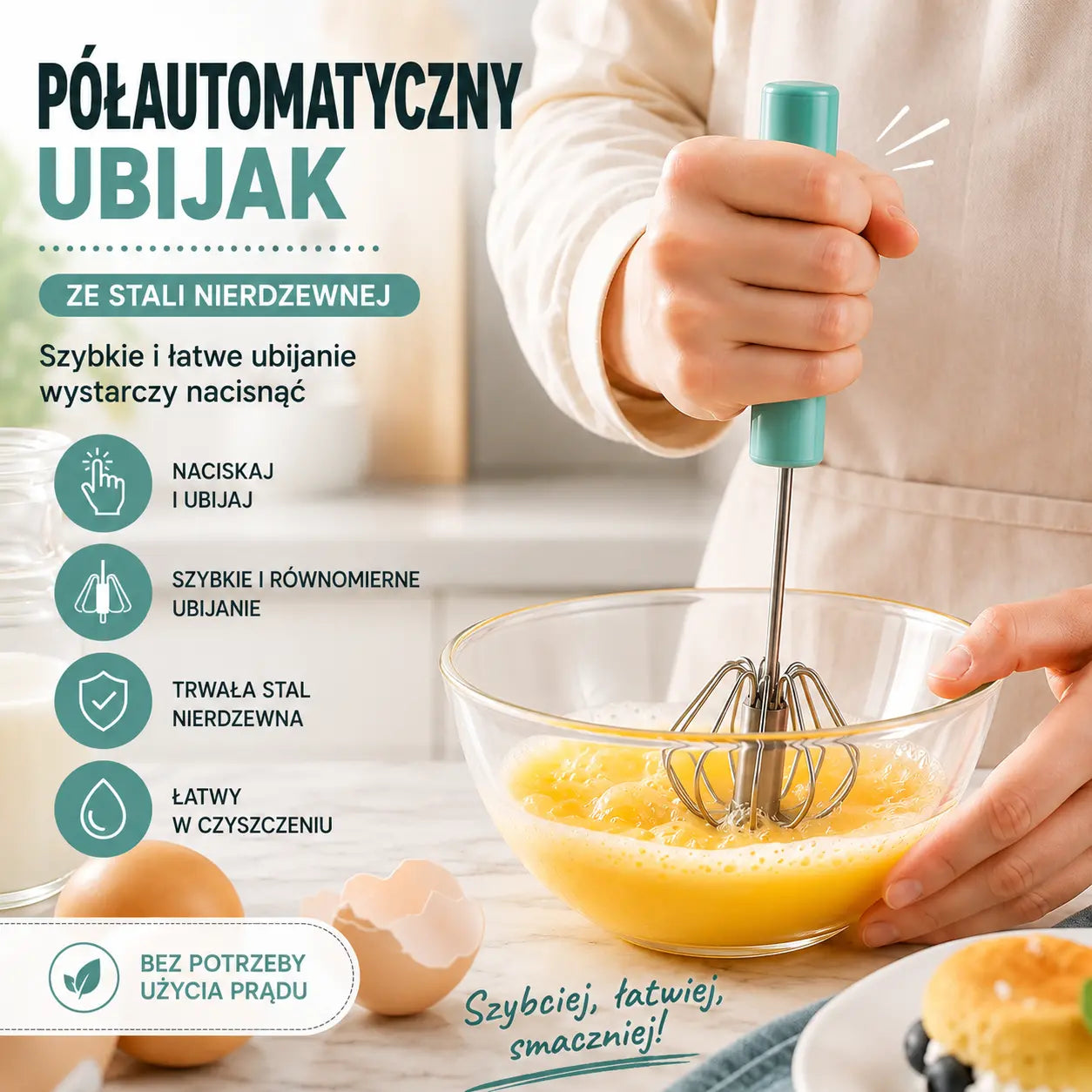 【Zestaw 2 elementów】 Półautomatyczna trzepaczka do jajek ze stali nierdzewnej, możliwa płatność przy odbiorze.