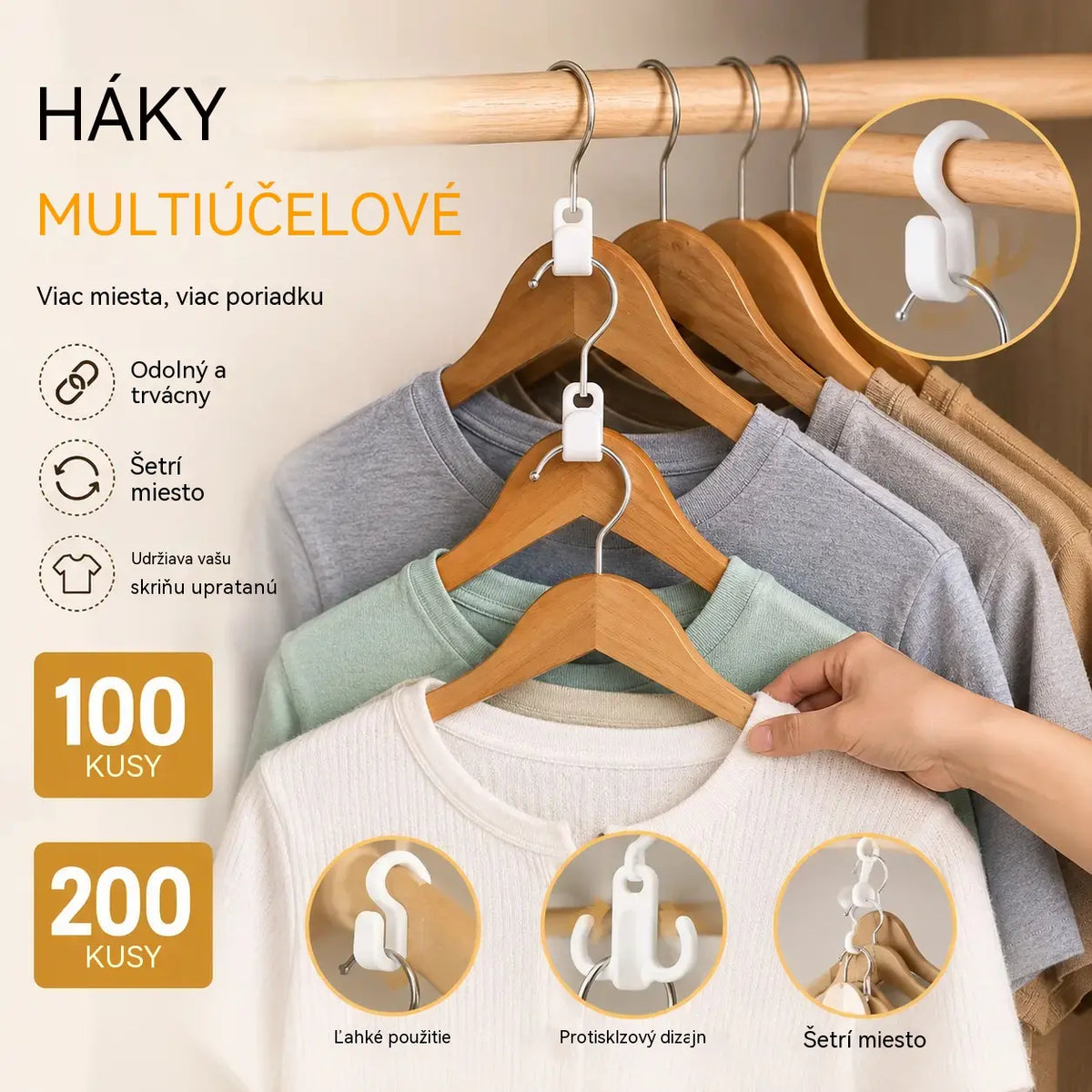 👕✨【Balenie 100 kusov】Spojky na vešiaky šetriace miesto: Zdvojnásobte úložný priestor vo svojom šatníku; pevné a odolné.
