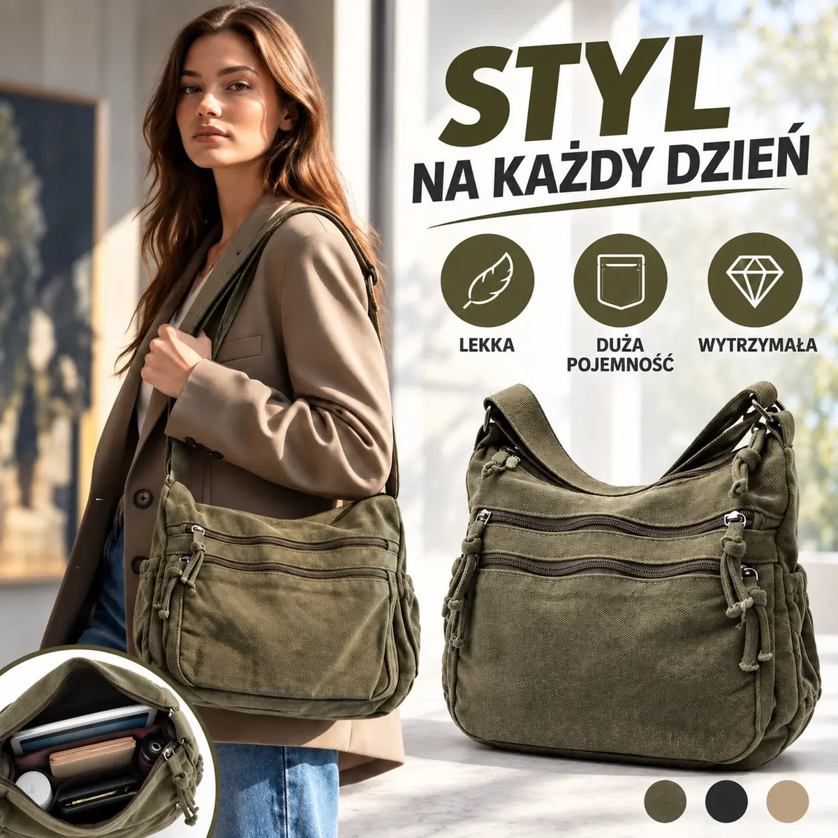👜✨ Pojemna torba na ramię z płótna o efekcie postarzenia: wyróżnia się wielokomorową konstrukcją z zapięciami na suwak oraz szerokim, regulowanym paskiem.