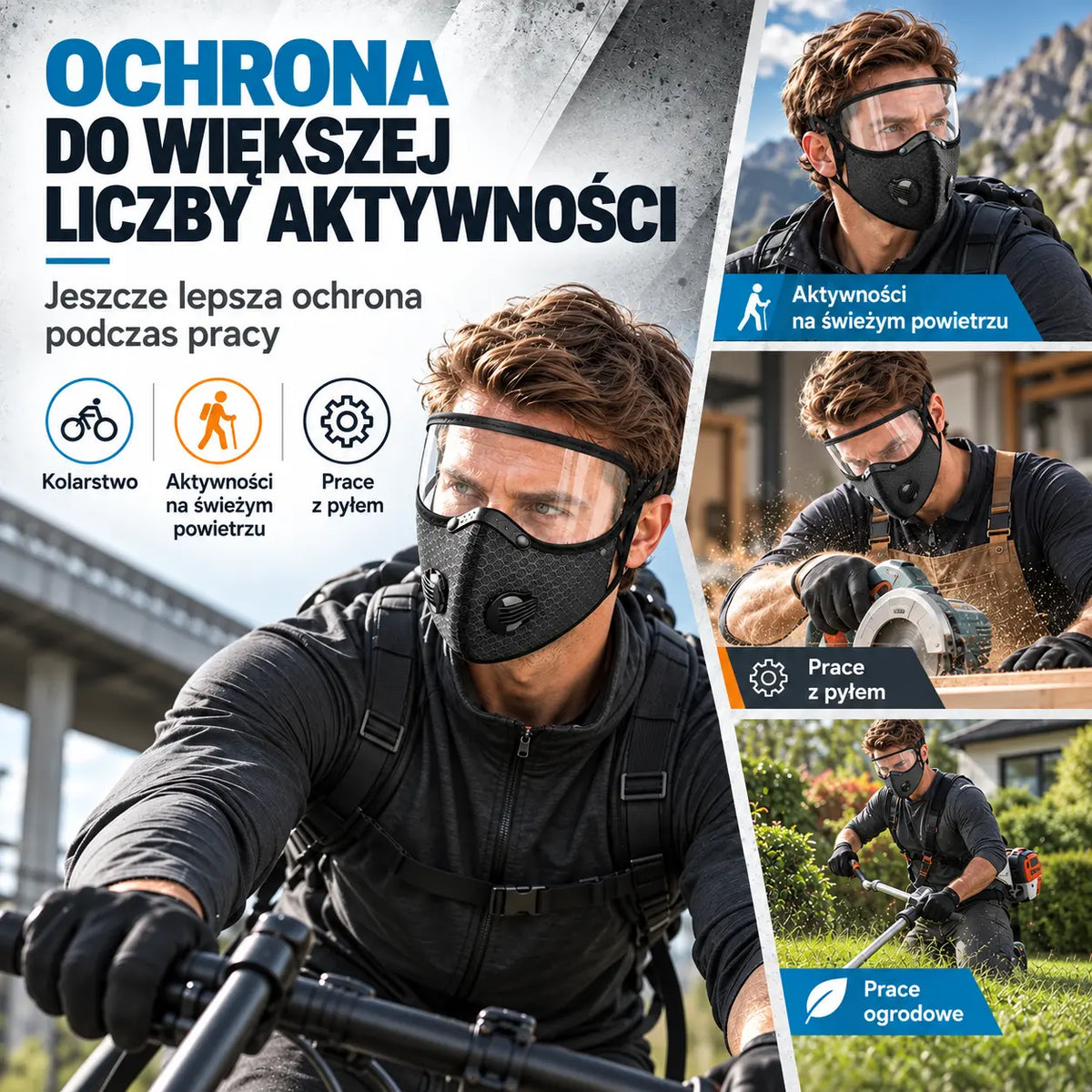 🔥 【OFERTA LIMITOWANA: Kup 1, drugi otrzymasz gratis】 Wielofunkcyjna maska ochronna do sportu i pracy 🚴 | Odpinana szybka HD · Idealna do jazdy na rowerze, koszenia trawy i prac w zapyleniu · 4 kolory