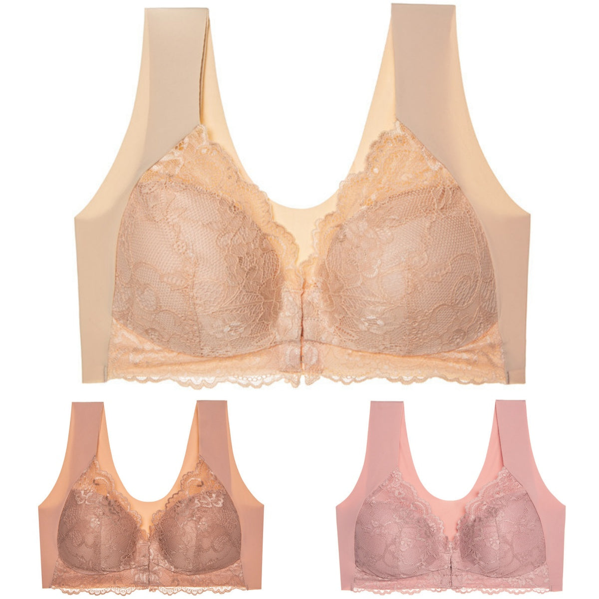 ✨【3-dielna sada】Sexi podprsenka pre väčšie veľkosti bez kostíc s predným zapínaním a krásnym chrbtom