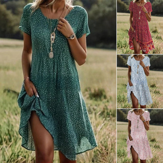 【S-3XL】👗2025 nowa sukienka na co dzień z okrągłym dekoltem i nadrukiem na wiosnę i lato