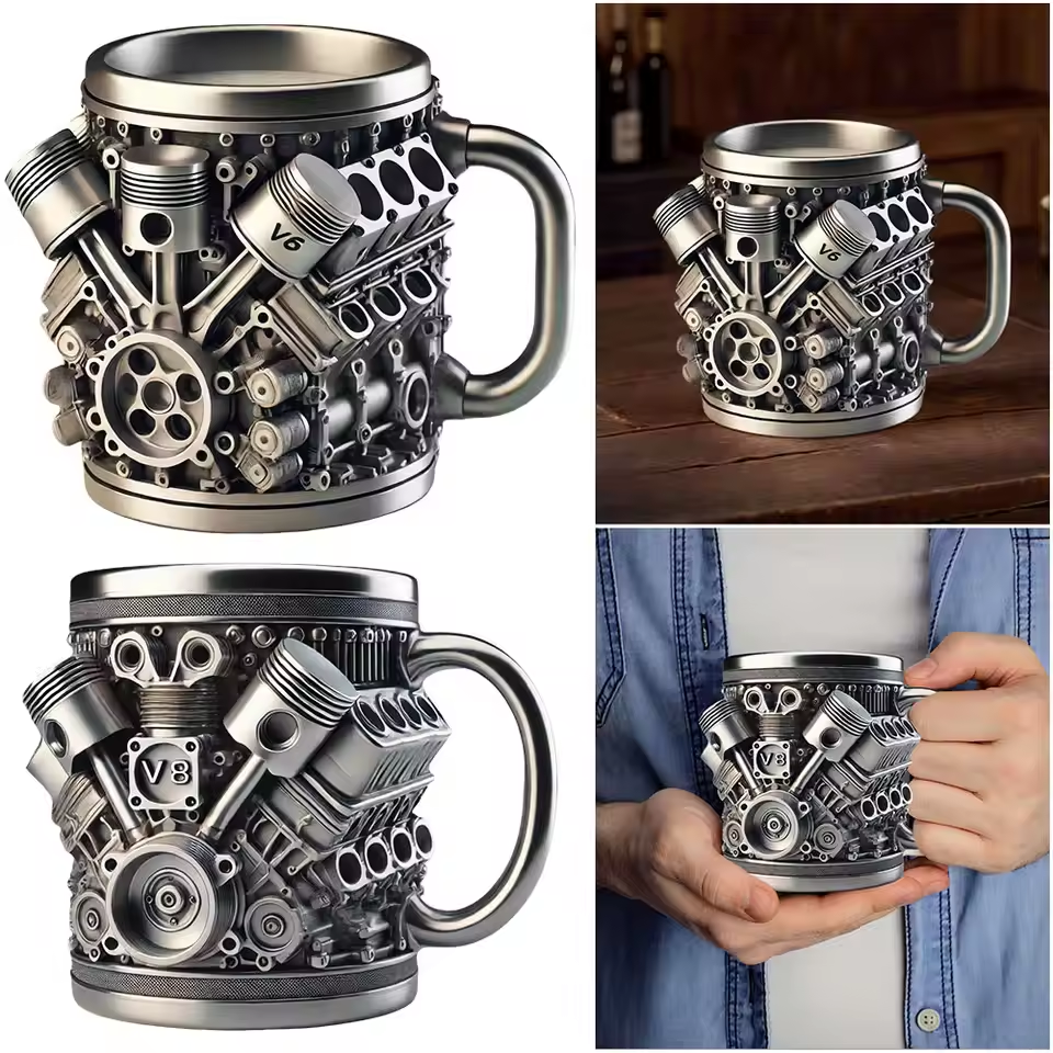 🎁Гореща разпродажба——50% отстъпка🔥☕ Чаша за кафе от неръждаема стомана Creative Engine V6V8, механичен дизайн