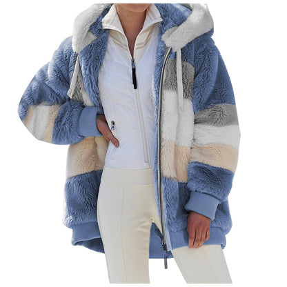 ☃️Nuevos productos de otoño e invierno❄️【S-5XL】 Chaqueta de mujer 2025 con franjas de peluche grueso en contraste.Moda y cálidos
