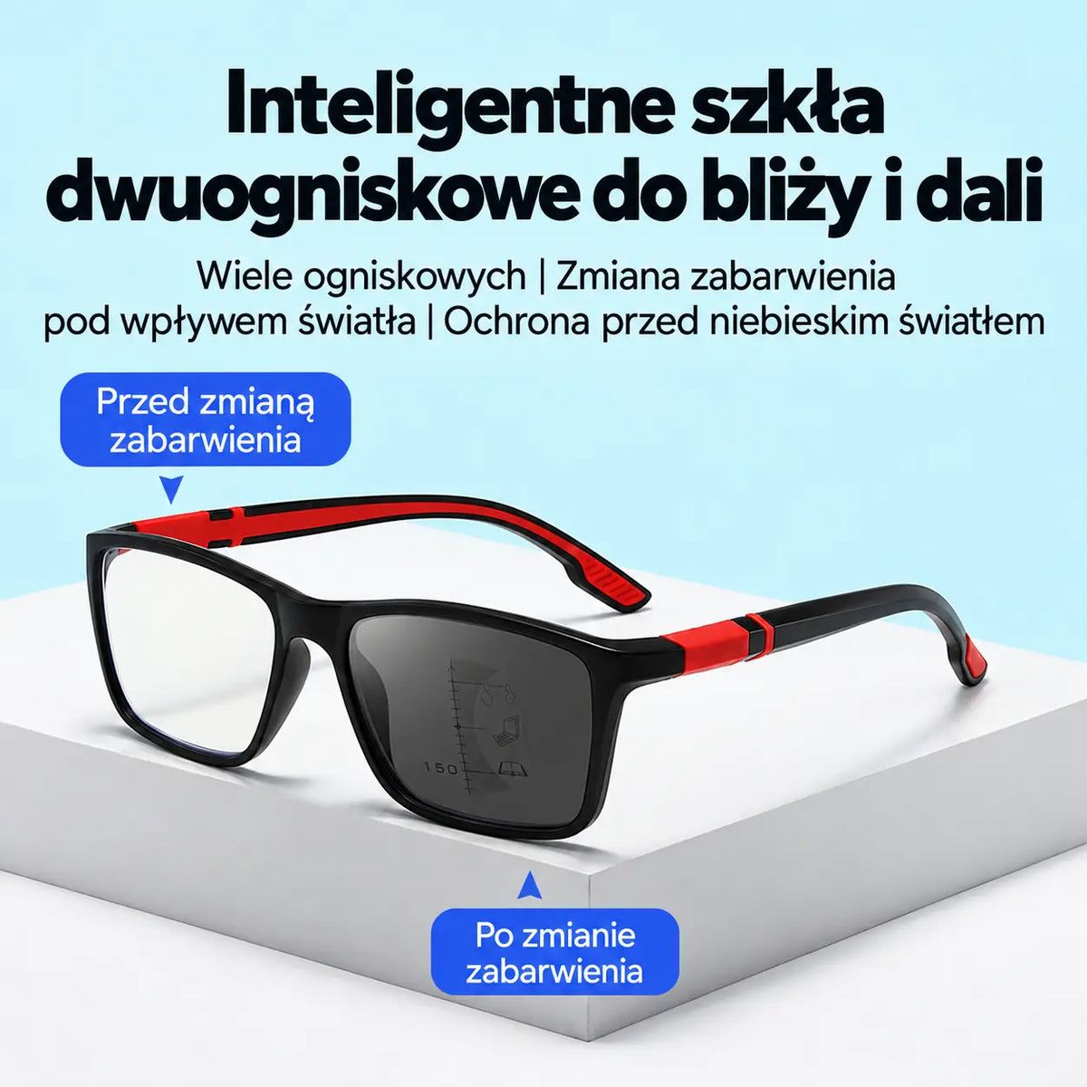 Okulary wieloogniskowe do czytania: wyróżniają się świeżym, nowoczesnym i sportowym stylem; zostały zaprojektowane z myślą o osobach w średnim i starszym wieku oraz wyposażone w elementy zapobiegające zsuwaniu się.