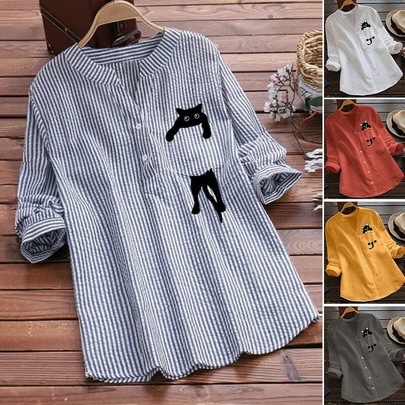 ✨🌈【Ново лятно постъпление🔥】【S-3XL】Пролетно ново постъпление Риза с котешки щампи и V-образно деколте от чист памук