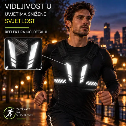 🏃 Prsluk za trčanje i sport s džepom na prsima · Džep za mobitel s patentnim zatvaračem · Stražnji držač za bocu s vodom · Reflektirajući detalji za noćne uvjete · Prozračna mrežica i podesive trake!