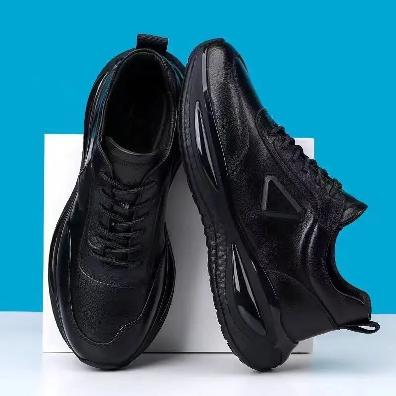🔥Bestseller🏆【Rozmiary 39-44】Męskie czarne lekkie buty sportowe casualowe z grubą podeszwą ze skóry naturalnej