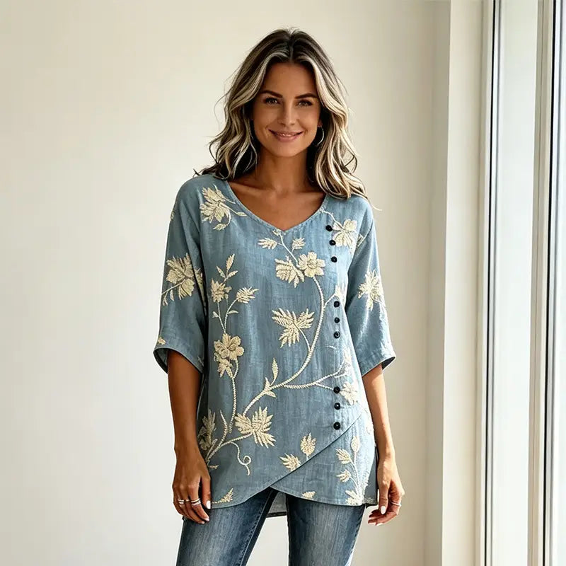 👘[S-3XL] ✨Koszula w stylu vintage z mieszanki lnu i bawełny, haft kwiatowy, dekolt w serek, asymetryczne guziki, przewiewna i miękka tkanina.✨
